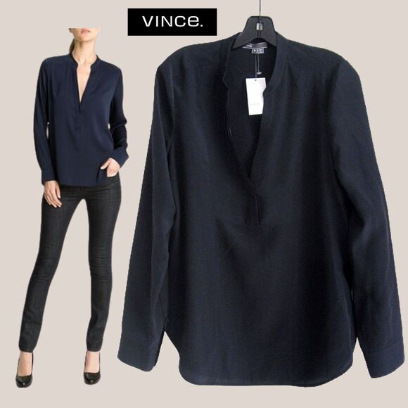 VINCE NEW Band Collar 100% Silk Half Placket Tuxedo Stitch Shirt M